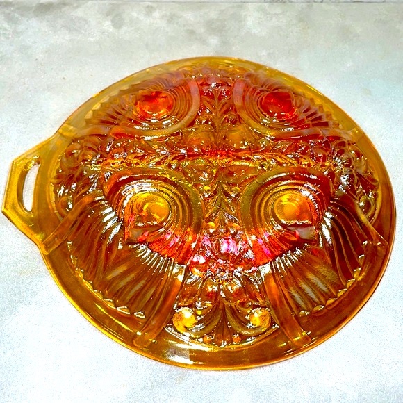 Carnival Glass Iridescent Marigold Divided Relish Dish with Handle Indiana Glass - Picture 4 of 9